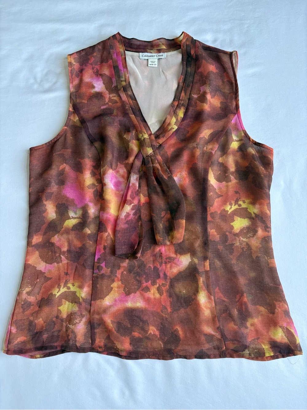 Coldwater Creek Watercolor Chiffon Sleeveless Tie Neck Blouse Size M (10-12)